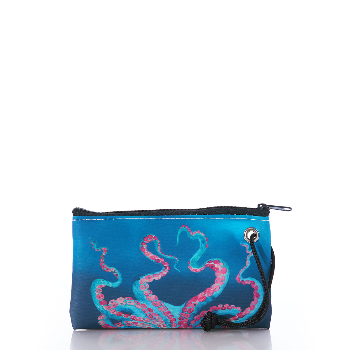a colorful bioluminescent octopus in blue with pink tentacles stretches its legs up the the top of a blue recycled sail cloth wristlet with a black zipper