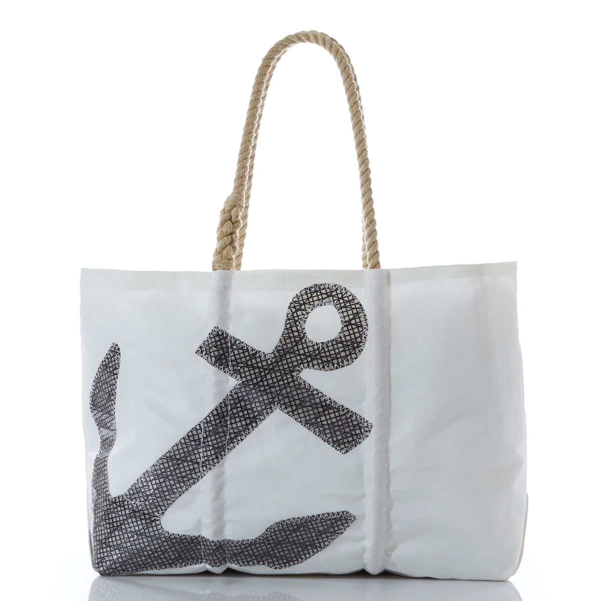 black high performance sail anchor on a white recycled sail cloth tote with hemp rope handles