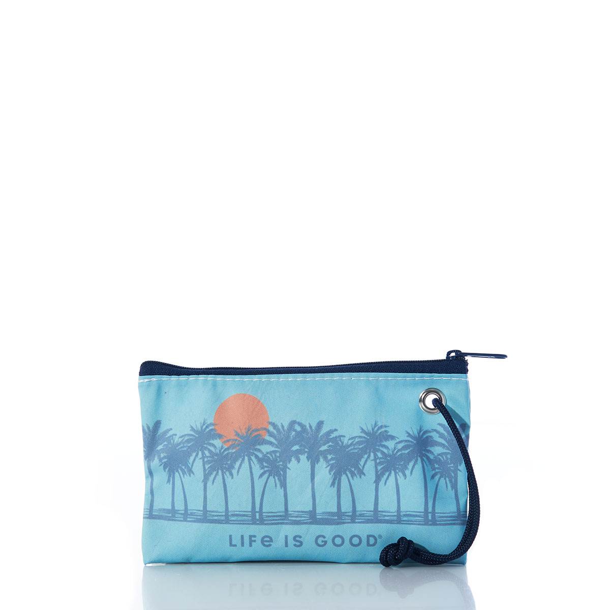 a row of palm trees in front of a rising sun printed on a blue recycled sail cloth wristlet with navy zipper and wristlet strap