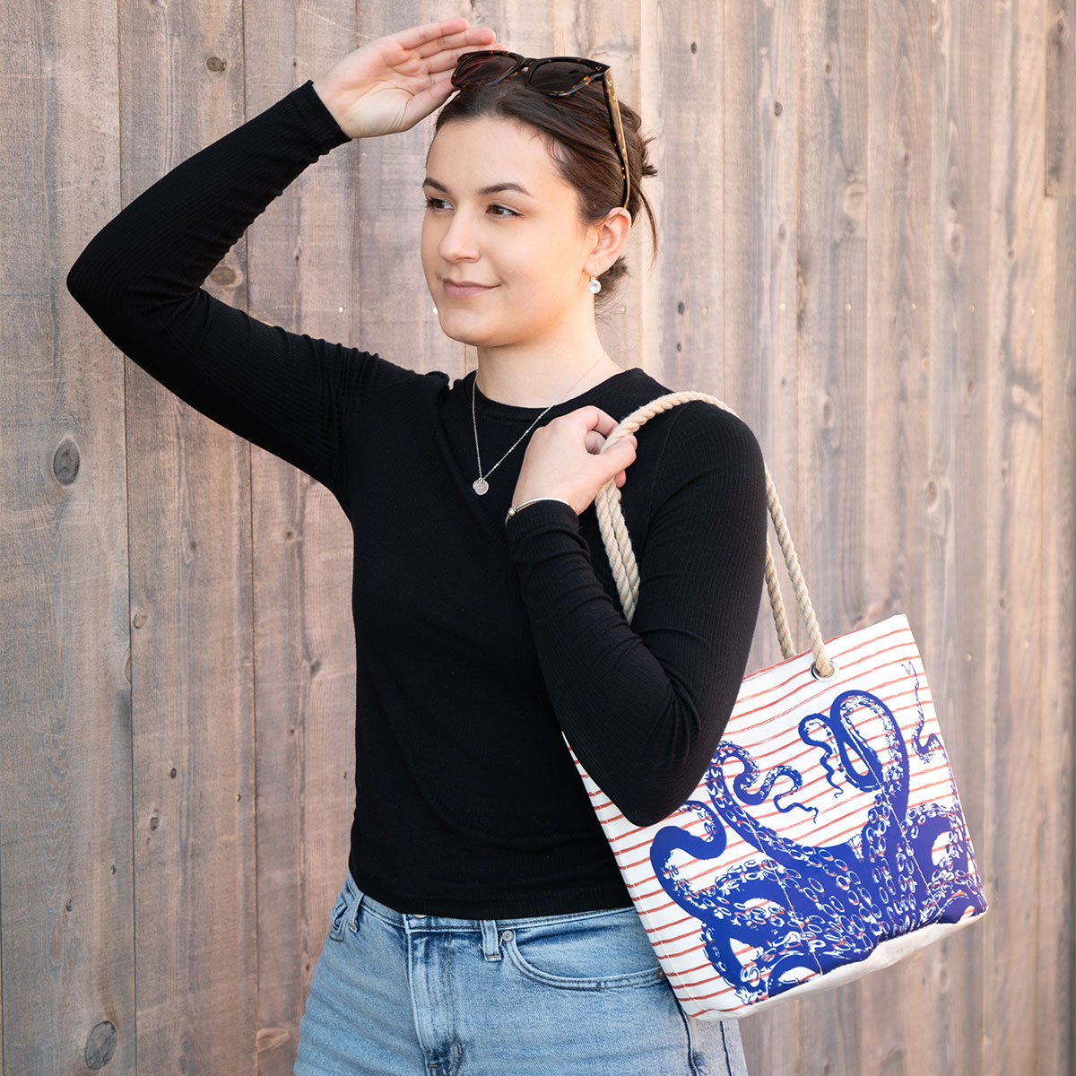 Blue Octopus on Red Mariner Stripe Essential Handbag