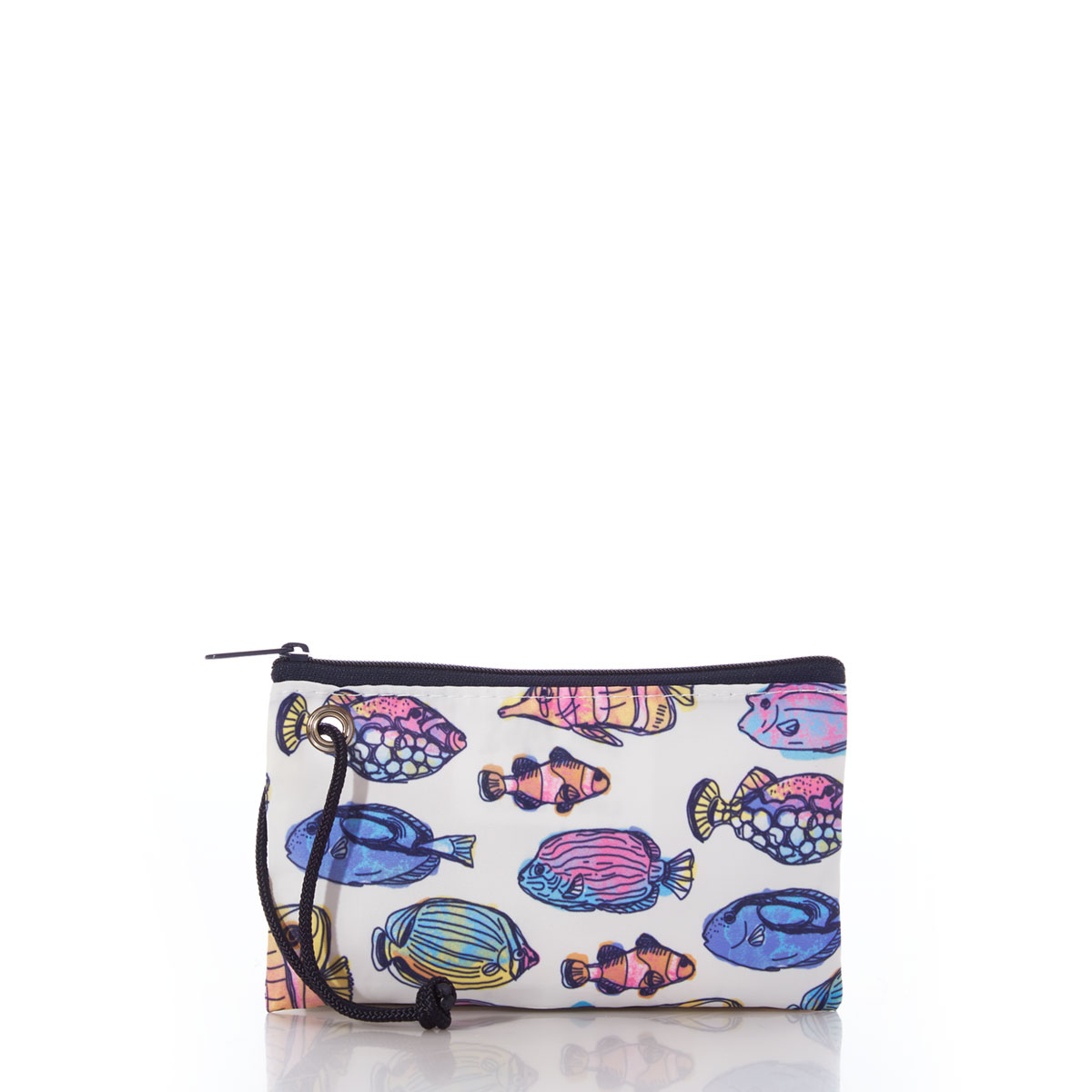 a white recycled sail cloth wristlet with navy zipper is printed with multicolor fish swimming