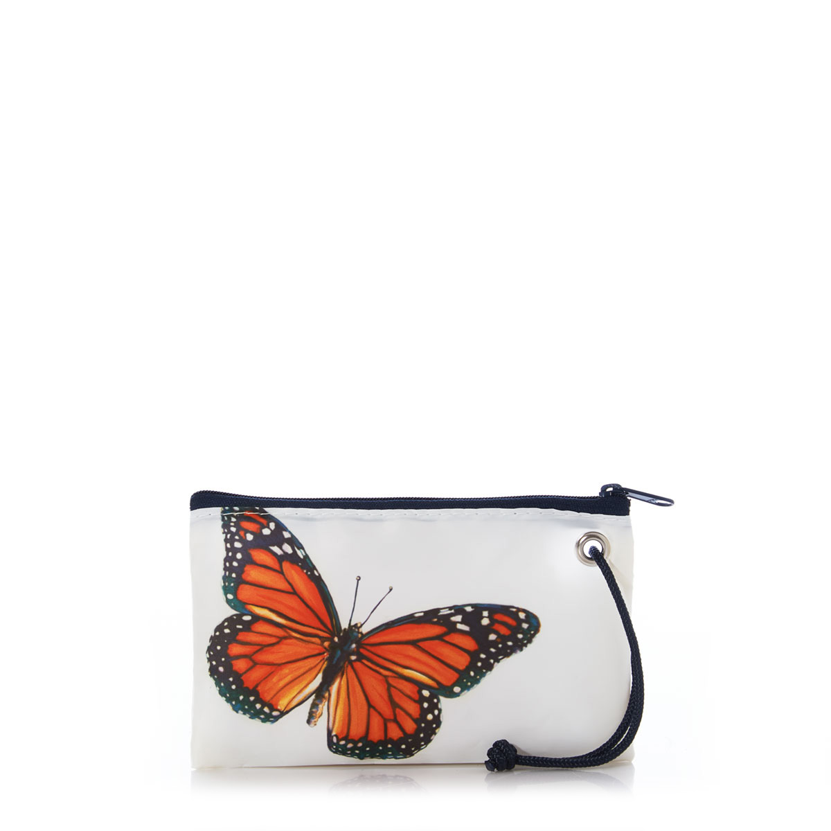 a white sail cloth small wristlet with navy zipper and single navy rope wrist strap is printed with a detailed orange and navy blue monarch butterfly