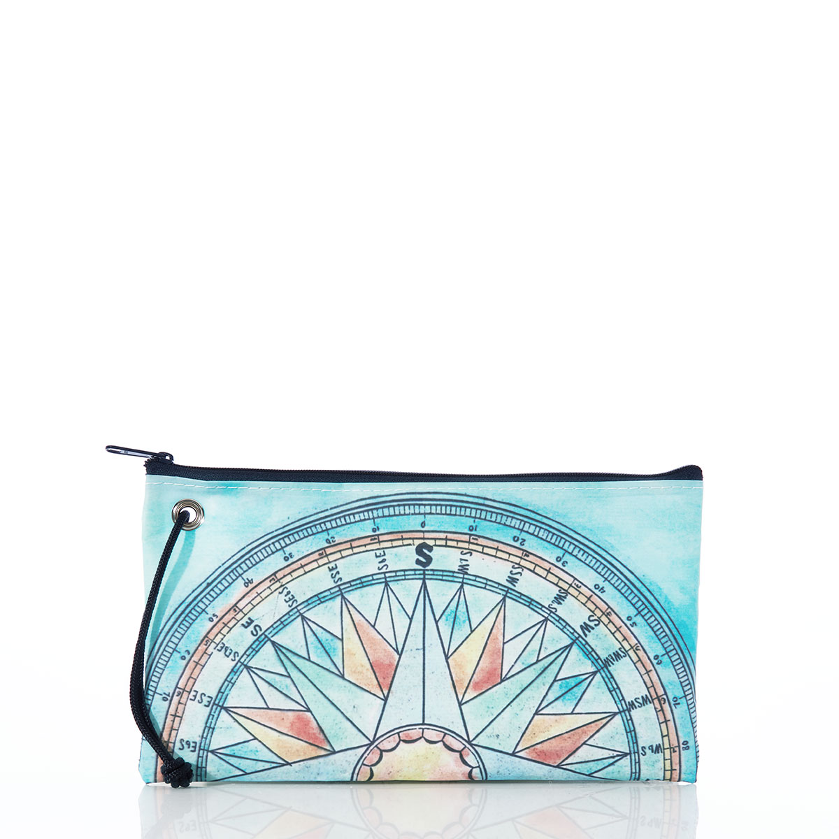 back view of compass rose in bright spring colors printed on a recycled sail cloth large wristlet with navy zipper and wristlet strap