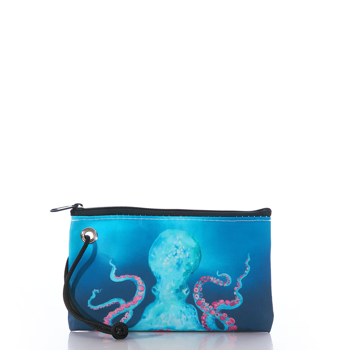 back view of the head of a colorful bioluminescent octopus in blue with pink tentacles stretches its legs up the the top of a blue recycled sail cloth wristlet