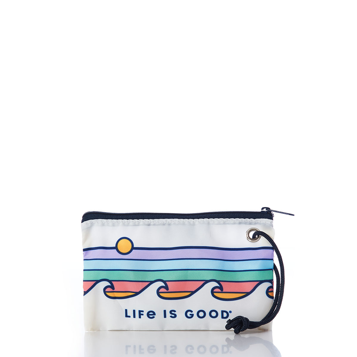 small yellow sun sits on top of multicolor stripes above a line of waves on a white recycled sail cloth wristlet with navy zipper and wristlet strap