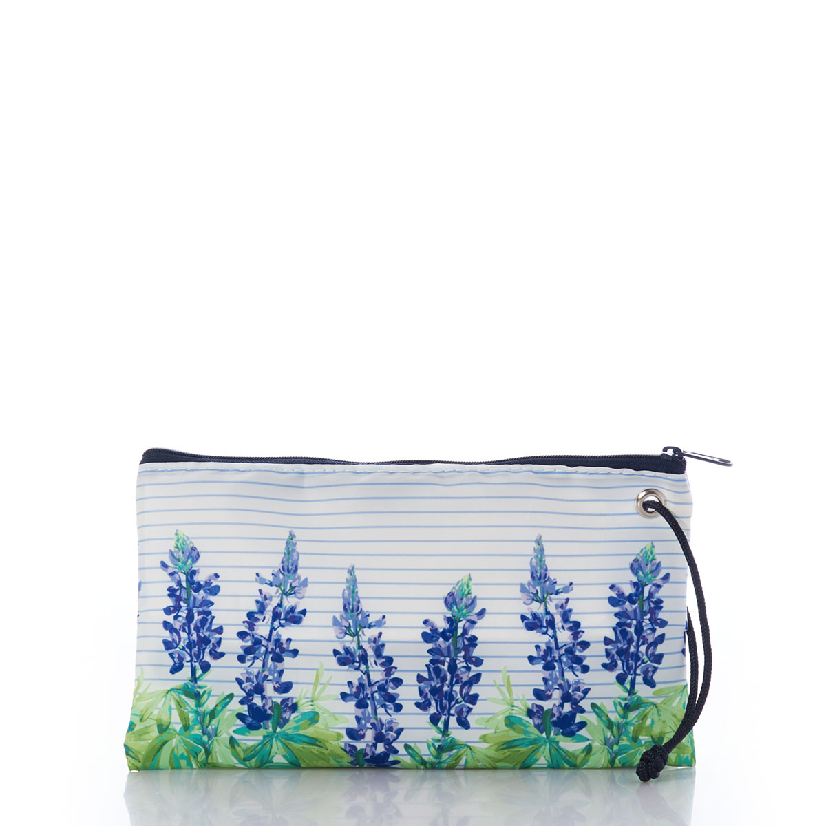 a recycled sail cloth wristlet is printed with thin blue stripes behind a row of purple and green lupine flowers and finished with a navy zipper and string through a metal grommet in the upper right corner