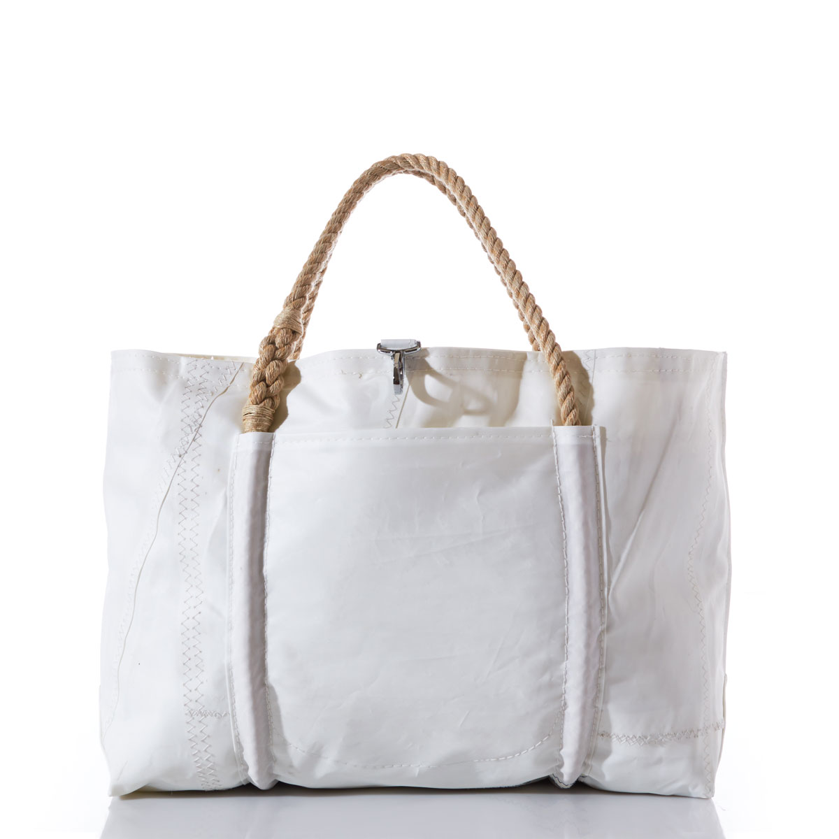 white recycled sail cloth tote with hemp rope handles