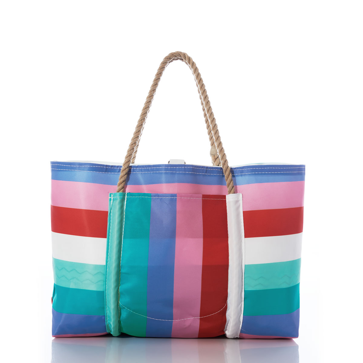 a recycled sail cloth pier tote with hemp rope handles and clasp closure is printed with bold stripes in shades of pinks and teals