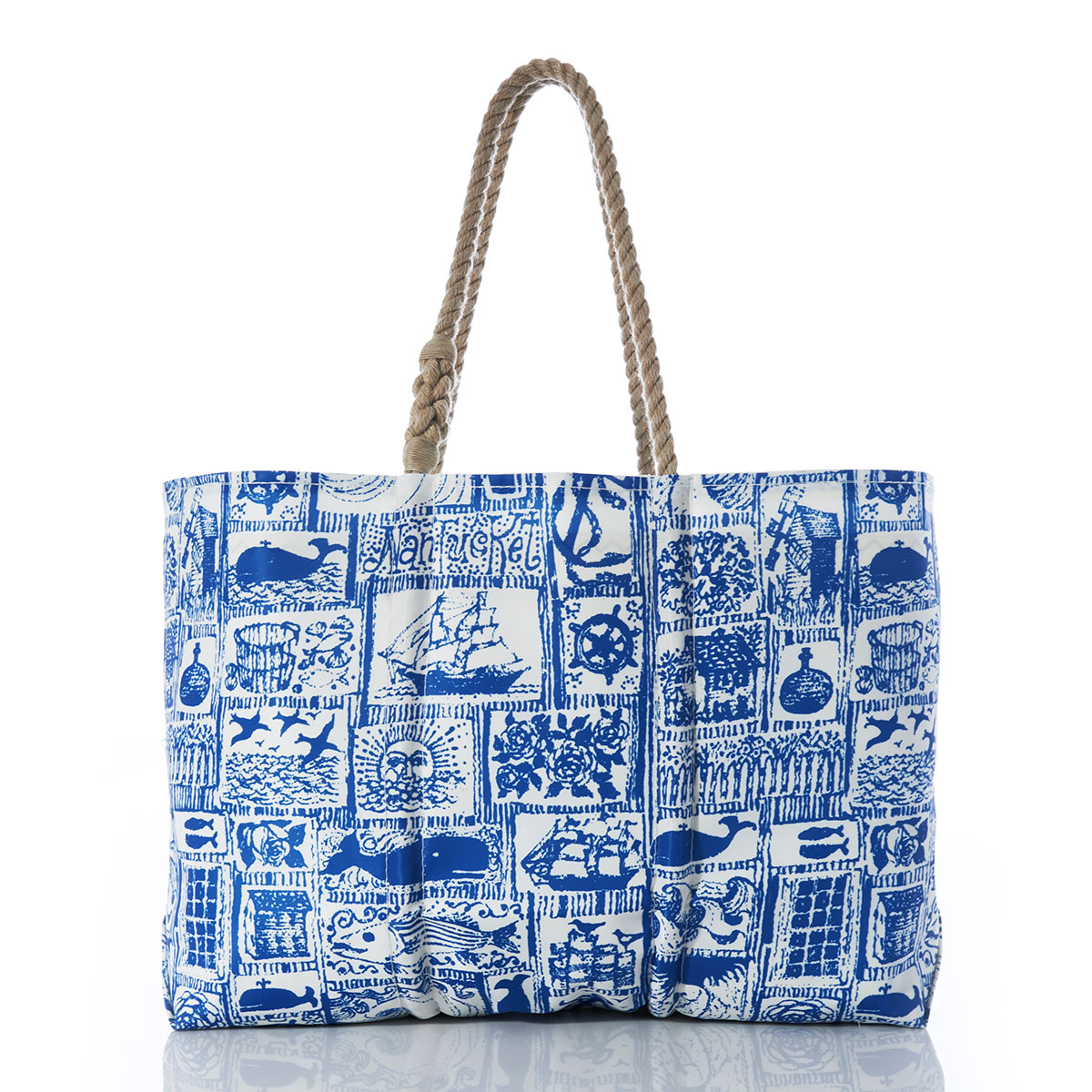 blue squares filled with various nautical imagery printed on recycled sail cloth large tote with hemp rope handles