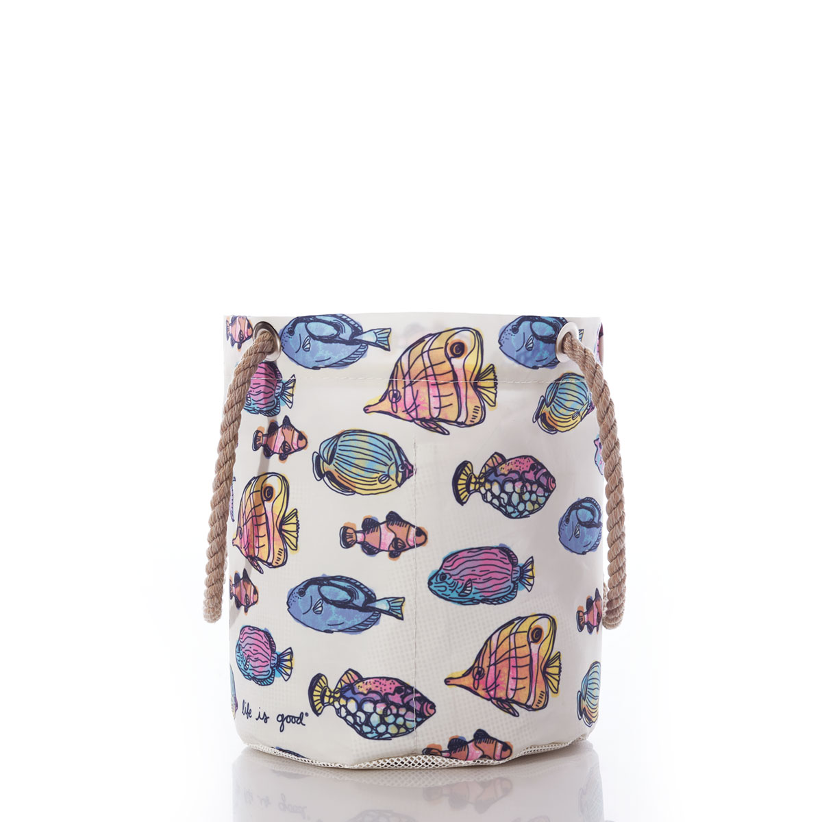 a white recycled sail cloth beachcomber bucket with hemp handles is printed with multicolor fish swimming