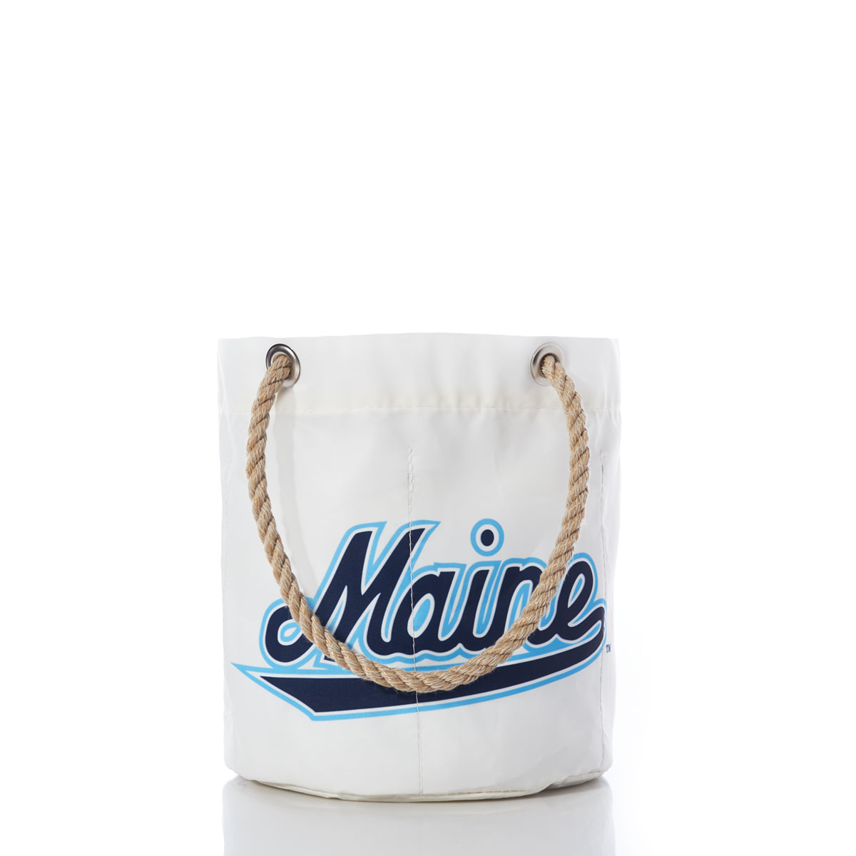 a white recycled sail cloth beverage bucket with hemp rope handles is printed with Maine in blue script