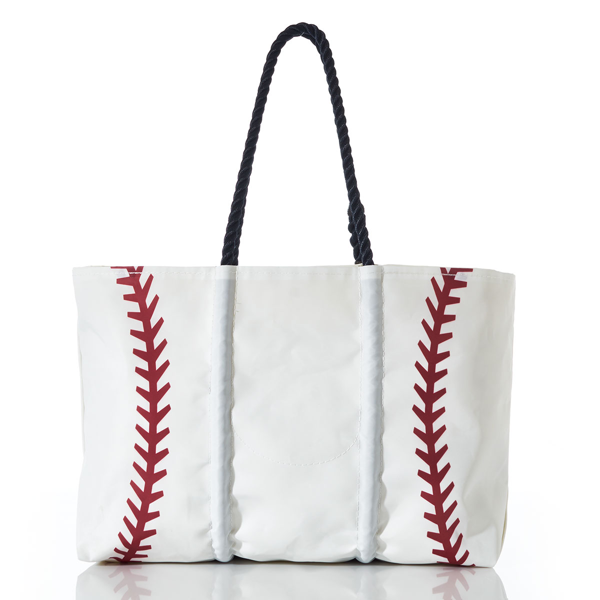classic baseball design with red stitching on the sides of a white recycled sail cloth tote and navy rope handles