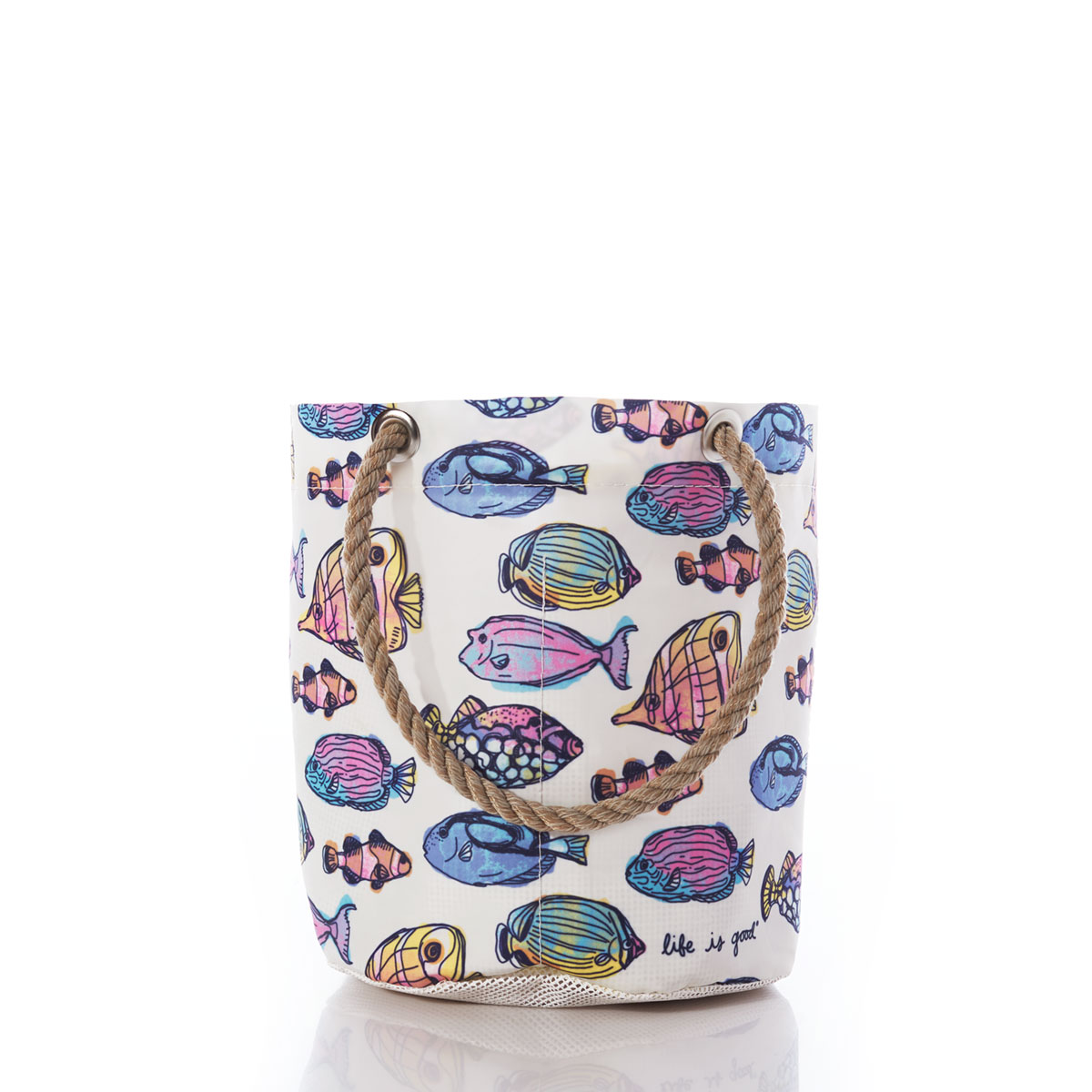 a white recycled sail cloth beachcomber bucket with hemp handles is printed with multicolor fish swimming