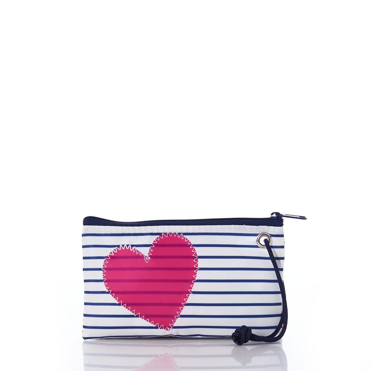 fuchsia heart applique on navy and white striped recycled sail cloth wristlet with navy zipper and wristlet strap