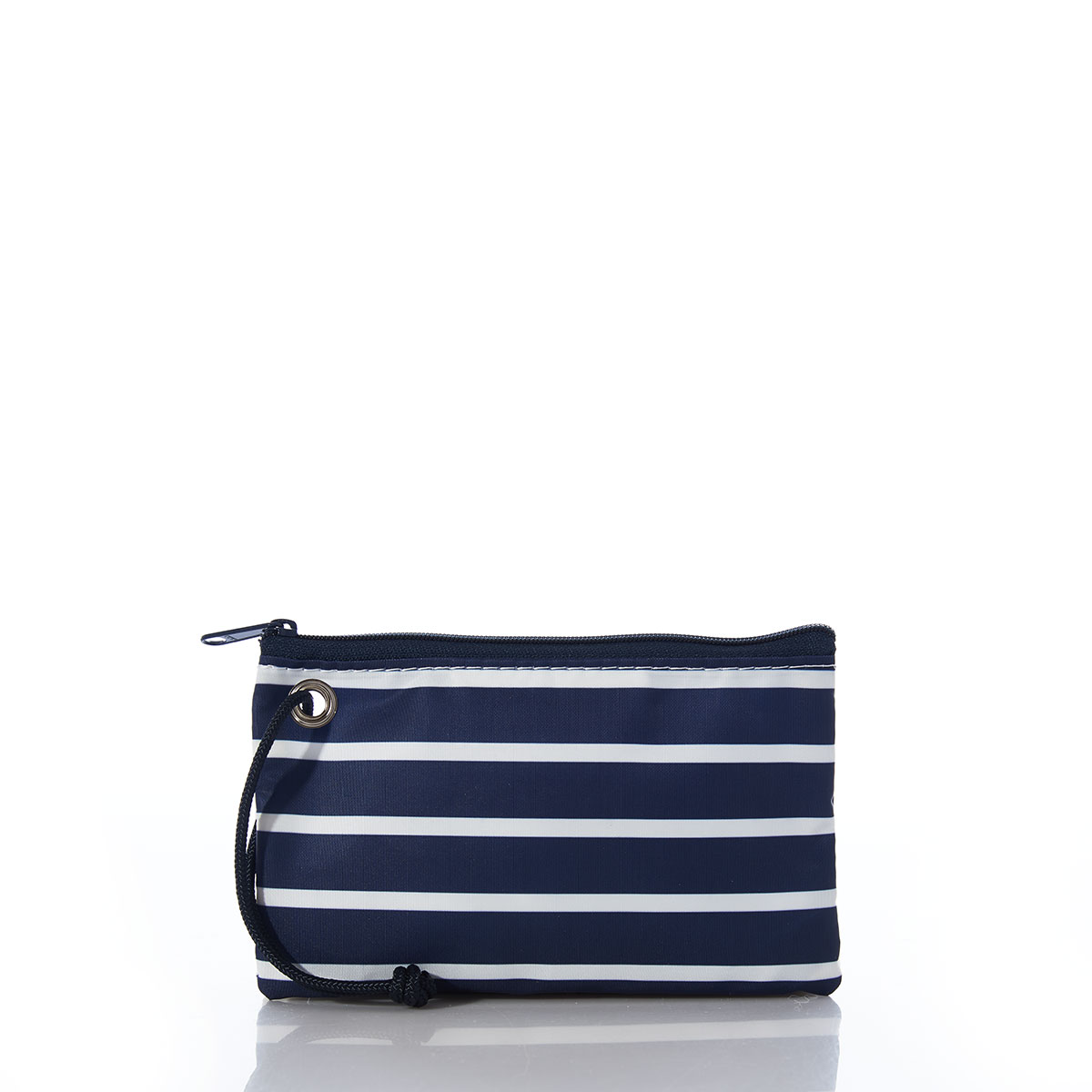 back view of red anchor applique on navy and white stripes printed on recycled sail cloth wristlet with navy zipper and wristlet strap