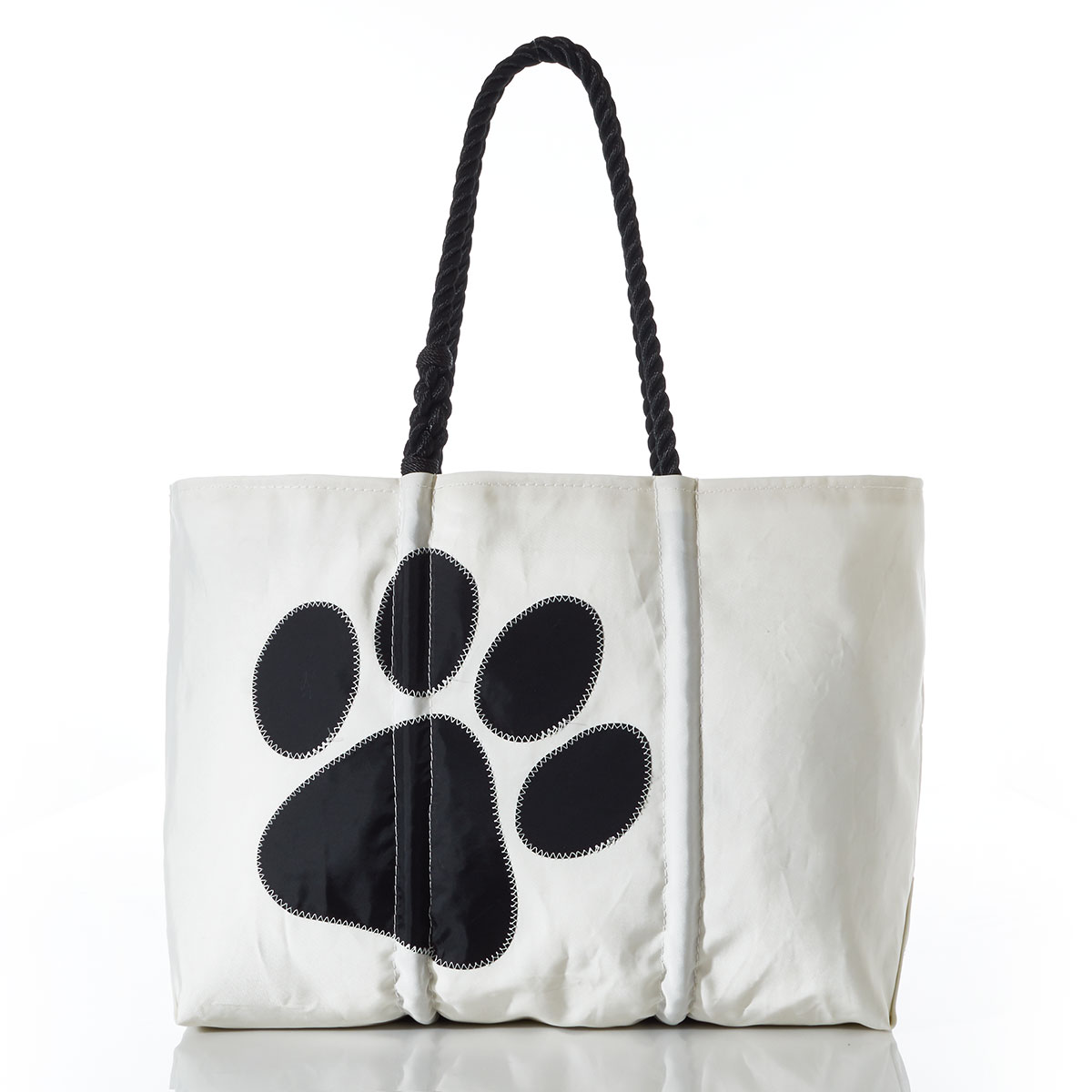 black paw print applique on white recycled sail cloth tote and black rope handles