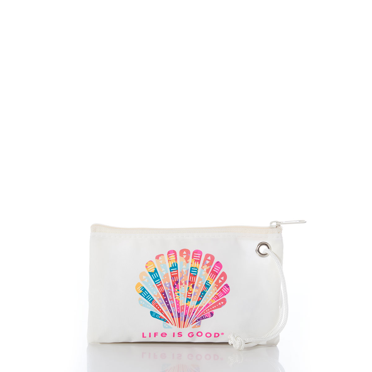 a white recycled sail cloth wristlet is printed with a bright neon pink shell over the words Life is Good