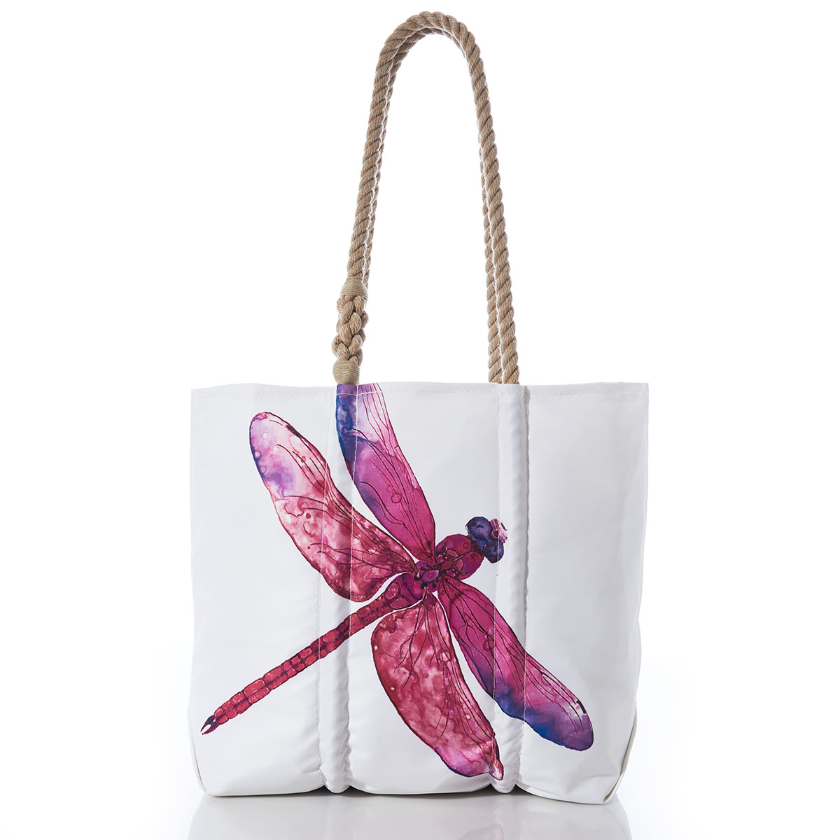 pink watercolor dragonfly on a white recycled sail cloth tote with hemp rope handles