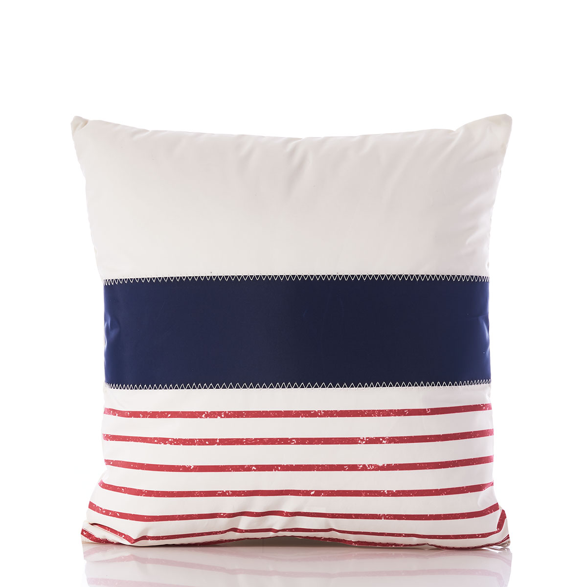 recycled sail cloth pillow with a solid white stripe on top of a solid blue stripe on top of red and white stripes