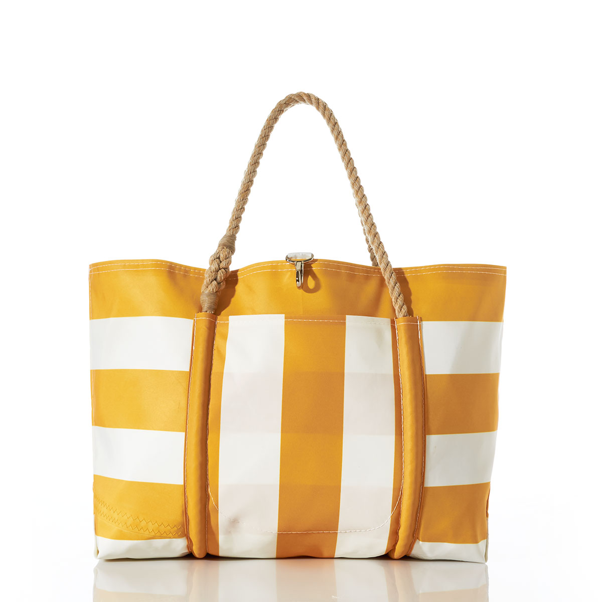 yellow and white plaid stripes adorn the front of a recycled sail cloth tote with hemp rope handles and a top metal clasp