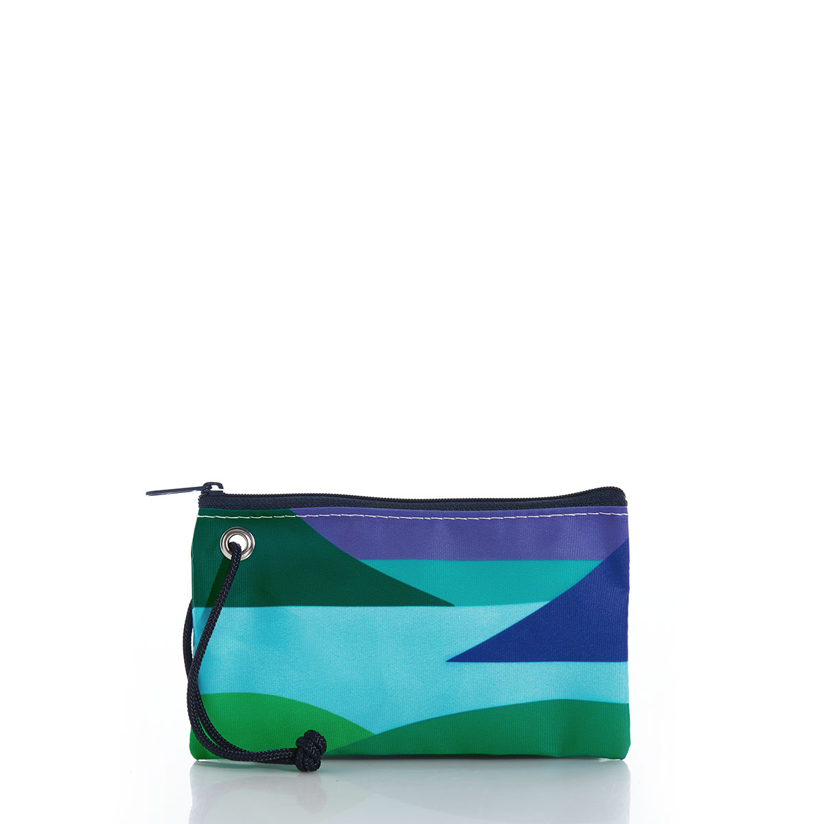 back view of a geometric landscape of blue water and green and navy mountains with a lone blue sailboat printed on a recycled sail cloth wristlet with navy zipper and wristlet strap