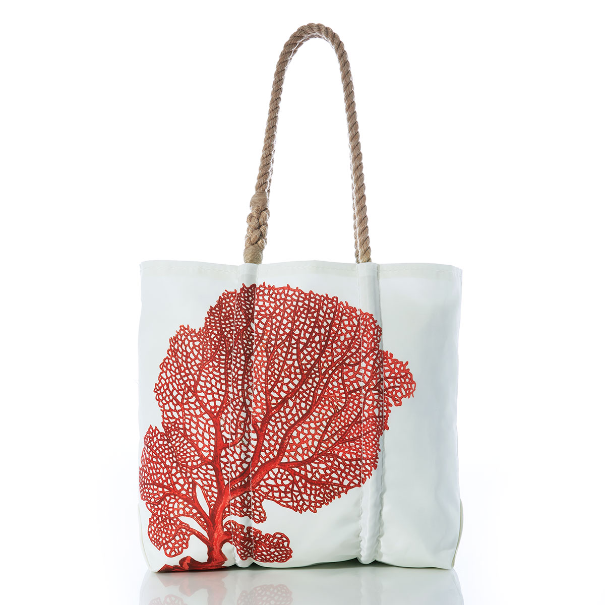 red coral reef print on white recycled sail cloth medium tote with hemp rope handles