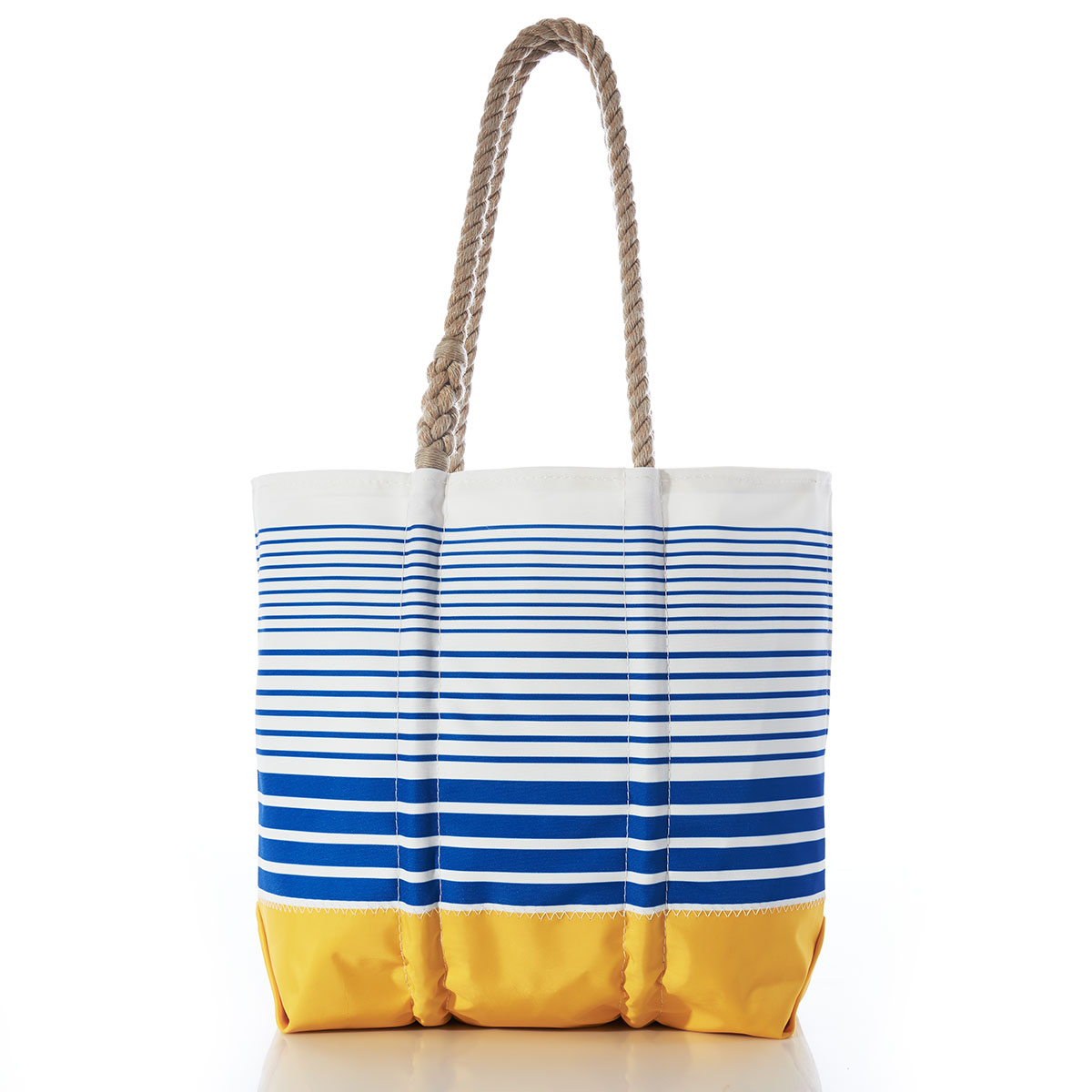 recycled sail cloth medium tote with hemp rope handles and blue and white stripes and yellow bottom
