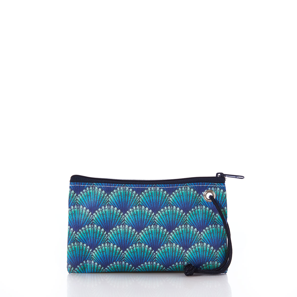 a recycled sail cloth wristlet is printed with a repeating pattern of blue scallop shells