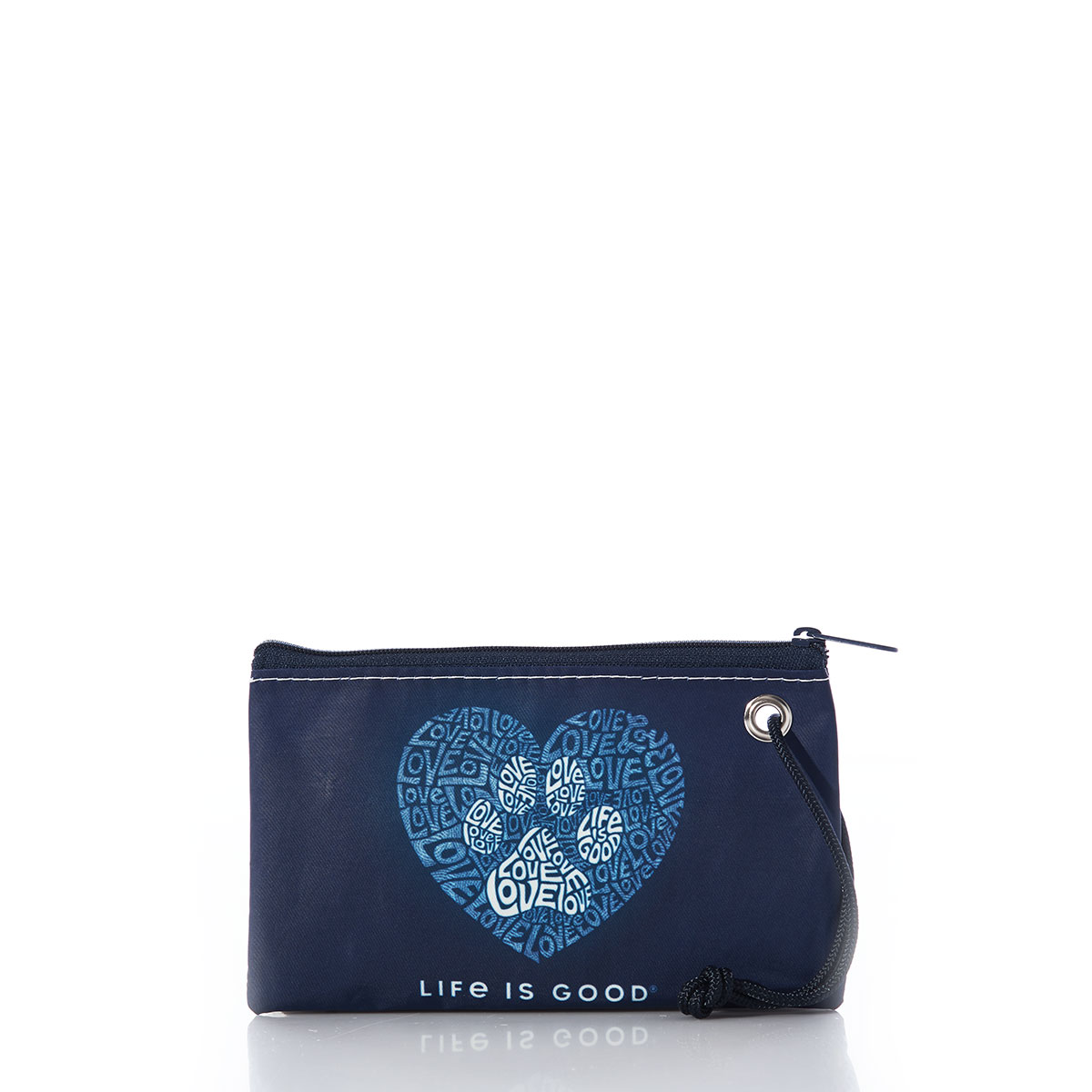 white paw print made of words inside light blue heart print made of words on navy recycled sail cloth wristlet with navy zipper and wristlet strap
