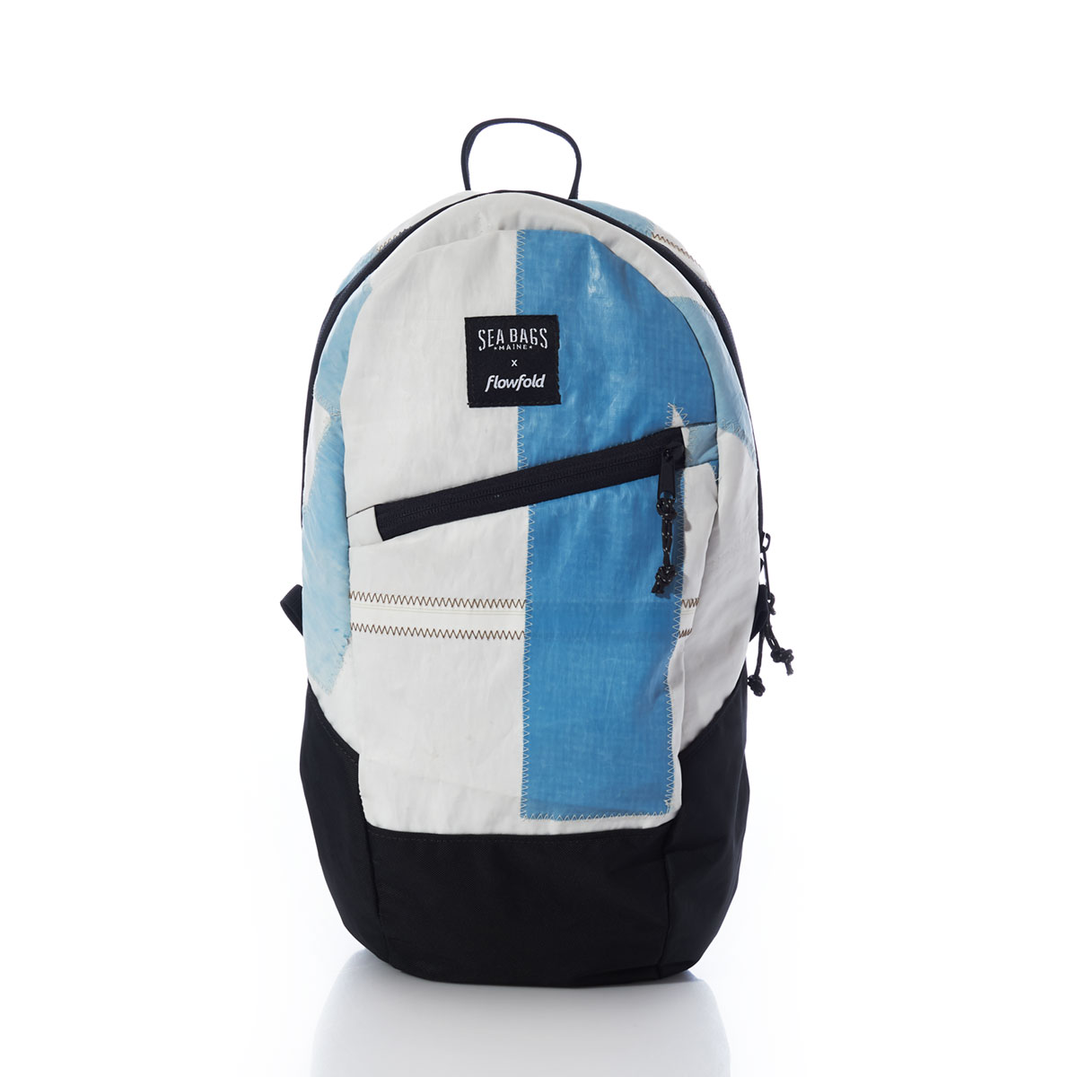 a backpack with a black canvas base, straps, and front zipper with blue and white recycled sail cloth