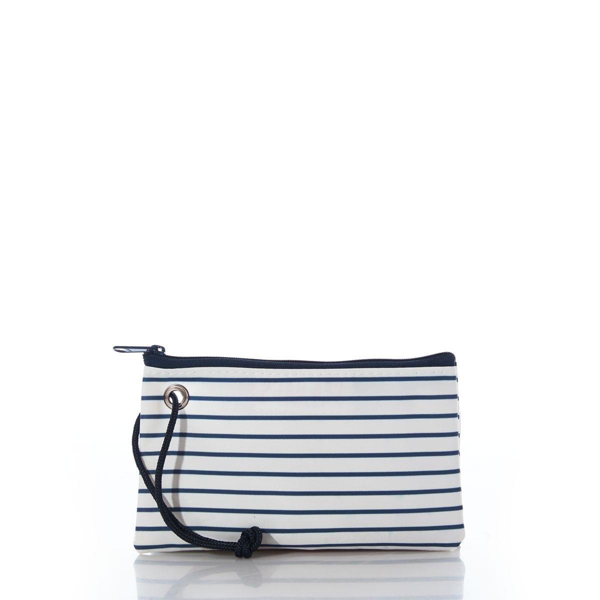 a recycled sail cloth wristlet with navy and white stripes 