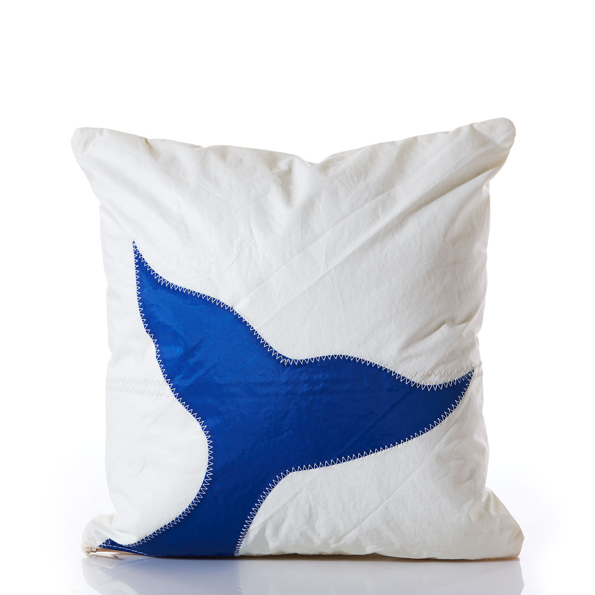 blue whale tale on white recycled sail cloth pillow