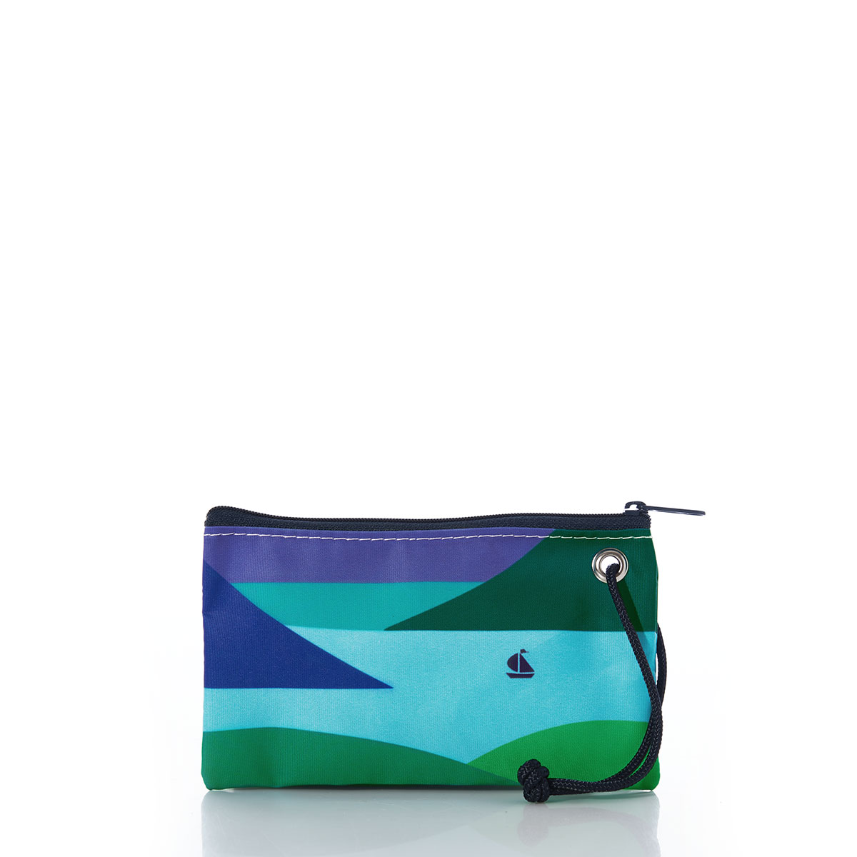 a recycled sail cloth wristlet with navy zipper and wristlet strap is printed with a geometric landscape of blue water and green and navy mountains with a lone blue sailboat 