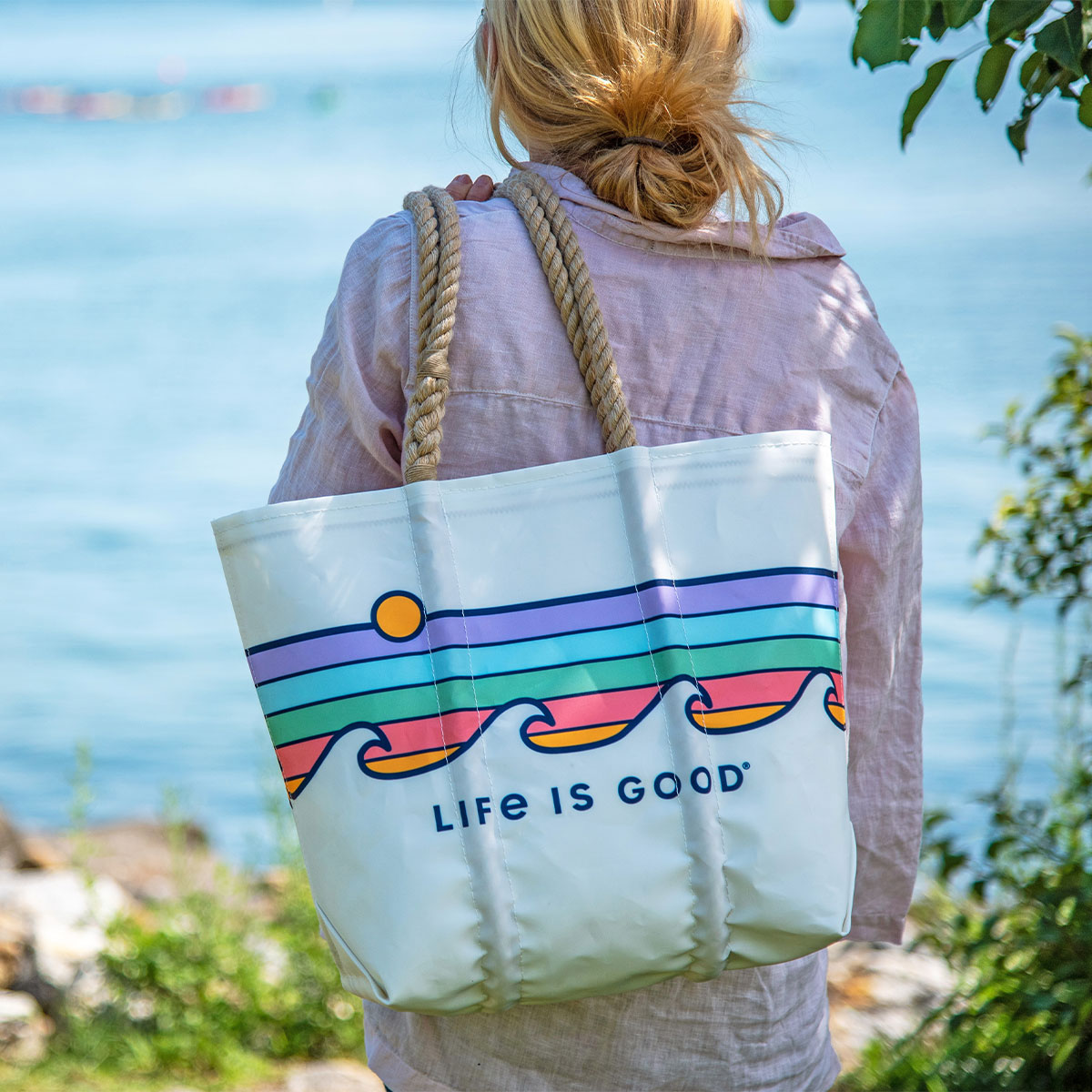 Life is Good Sunset Wave Stripe Tote