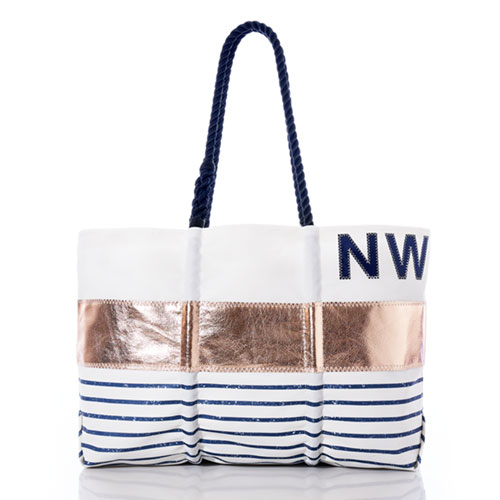 Custom Monogram Rose Gold-on-Navy Mariner Stripe Tote