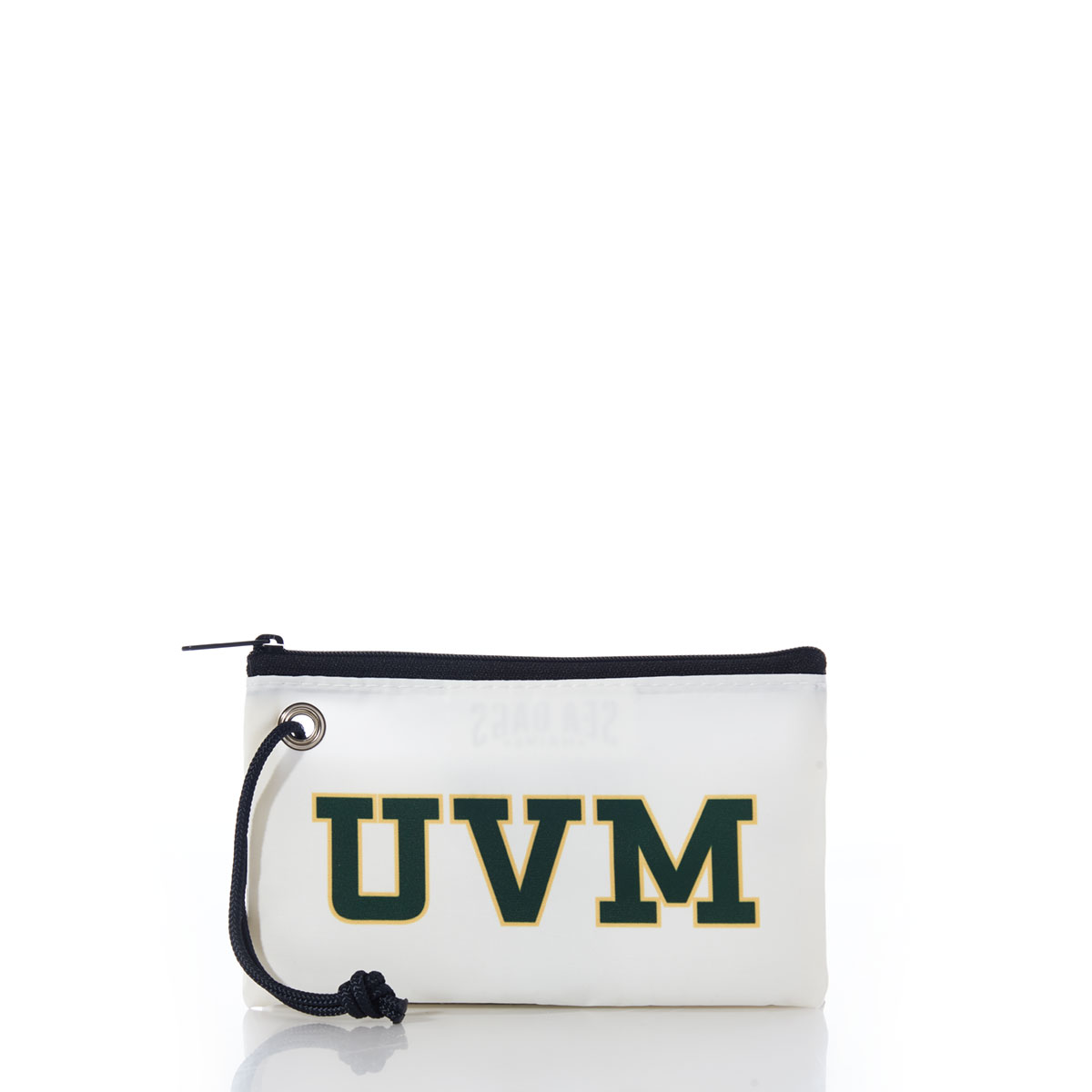 back side of a white recycled sail cloth wristlet with navy zipper is printed with UVM in green