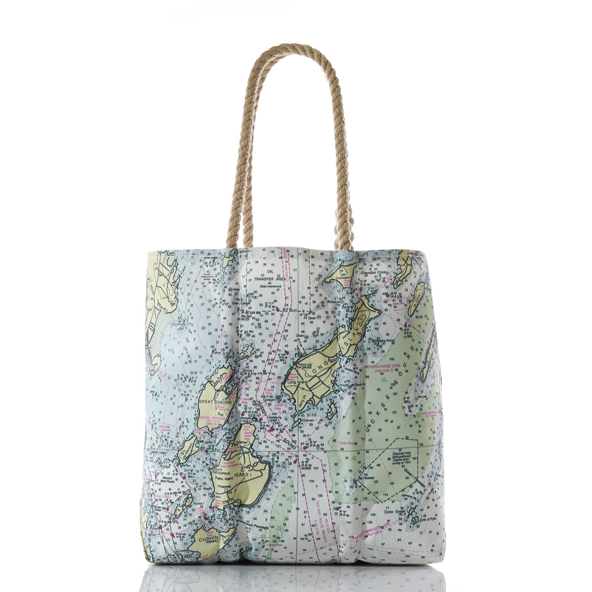 printed nautical chart of casco bay on recycled sail cloth tote with hemp rope handles