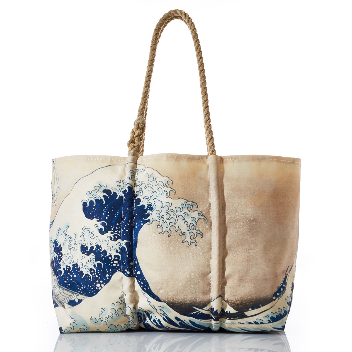 The Great Wave of Kanagawa printed on a recycled sail cloth tote with hemp rope handles