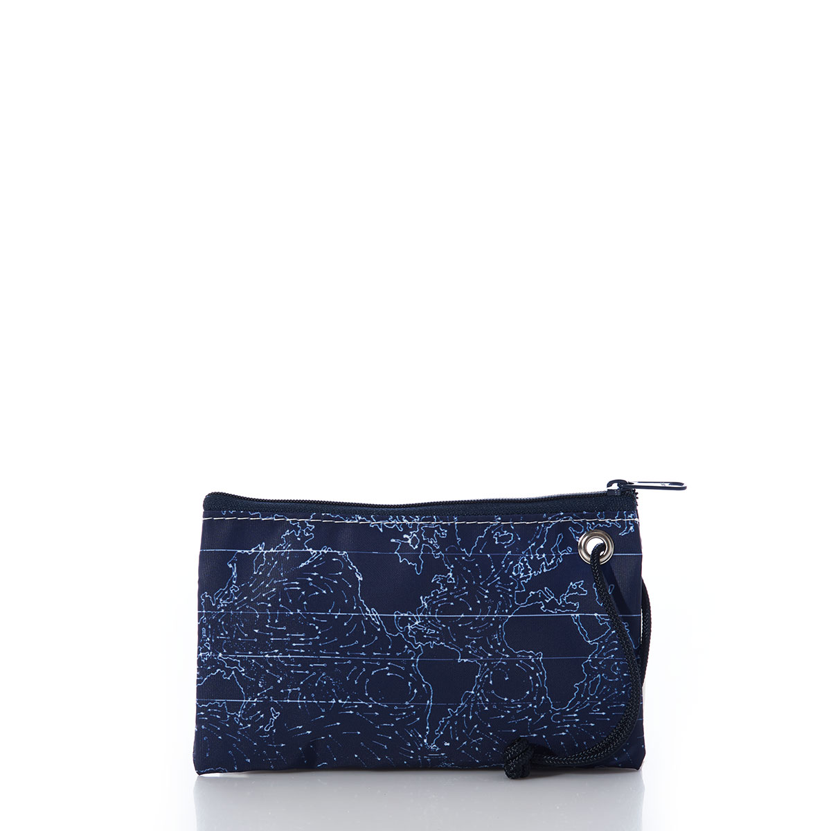 white arrows showing currents swirl around white outlined continents on a navy recycled sail cloth wristlet with navy zipper and strap