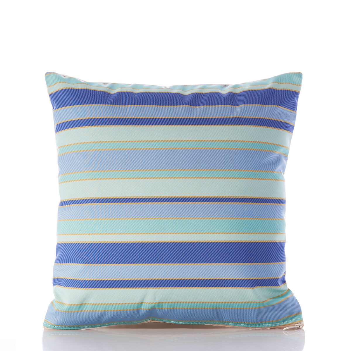 stripes of shades of blues are printed on this recycled sail cloth pillow
