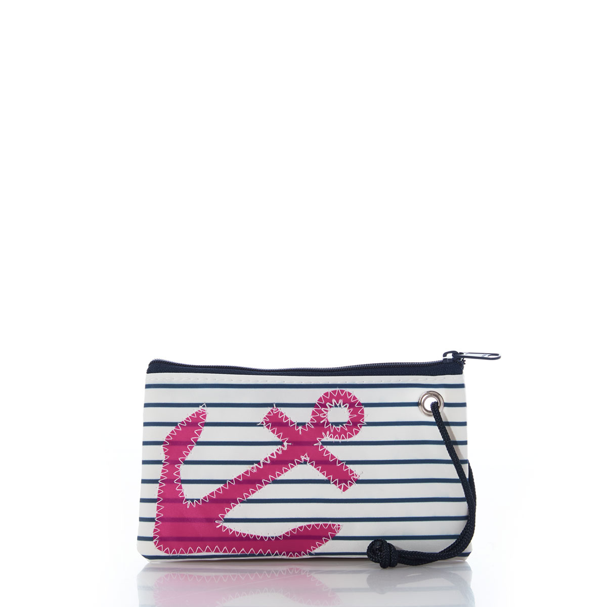 a recycled sail cloth wristlet with navy and white stripes and a pink anchor