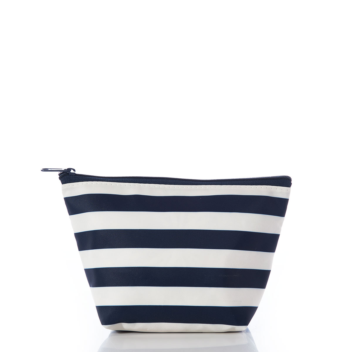 back view of bold navy and white stripes recycled sail cloth cosmetic pouch embellished with flowers in the bottom right corner