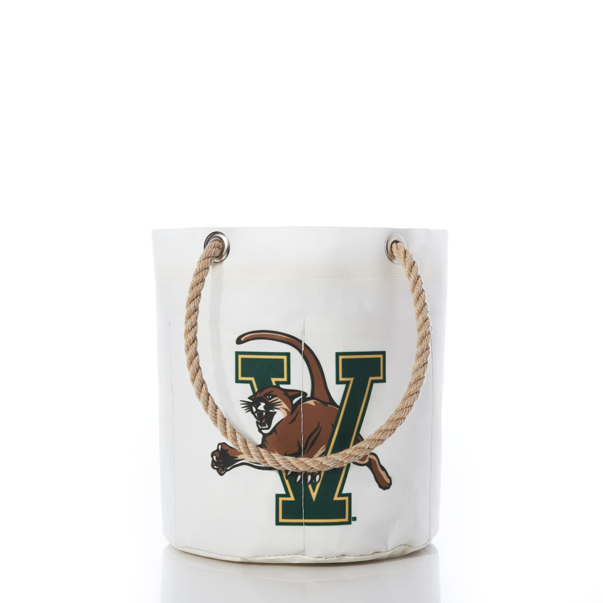 a white recycled sail cloth beverage bucket with hemp rope handles is printed with the University of Vermont logo in green