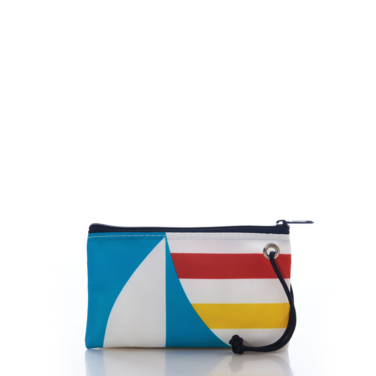 a recycled sail cloth wristlet is printed with a blue graphic sailboat and bold yellow and red stripes