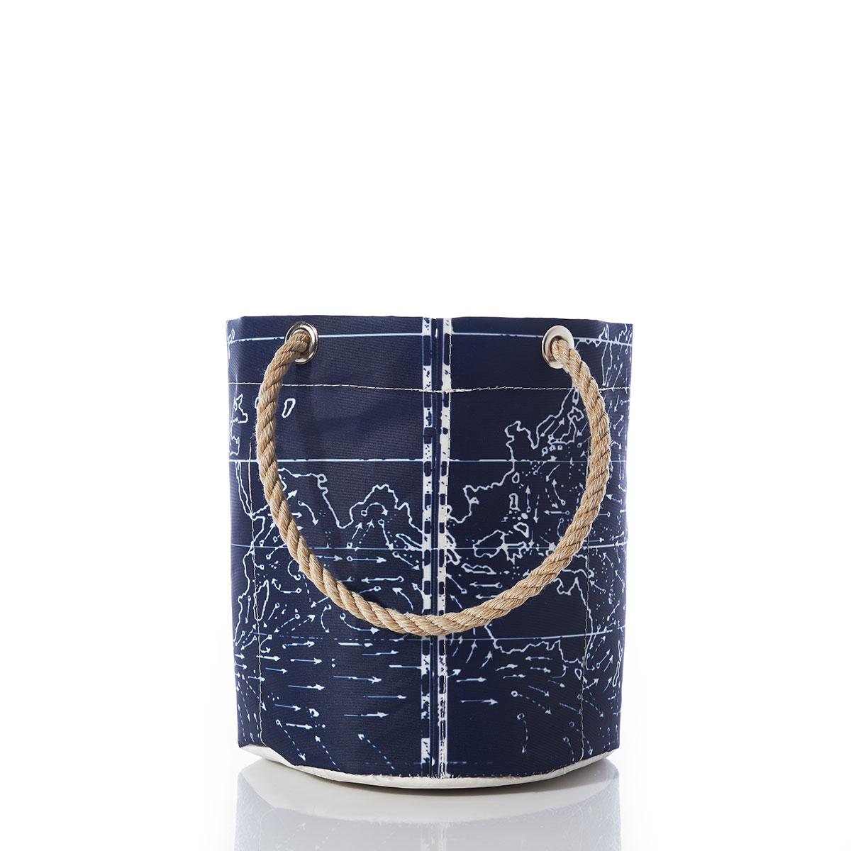 side view showing white arrows showing currents swirl around white outlined continents on a navy recycled sail cloth beverage bucket with hemp rope handles