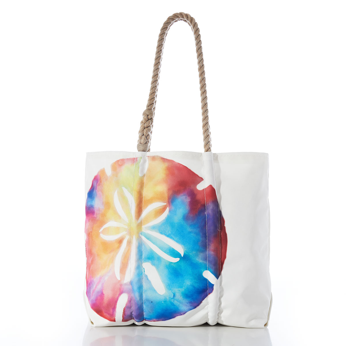 front view of a white recycled sail cloth medium tote with hemp rope handles and a printed sand dollar in tie dye colors of pinks blues and yellows