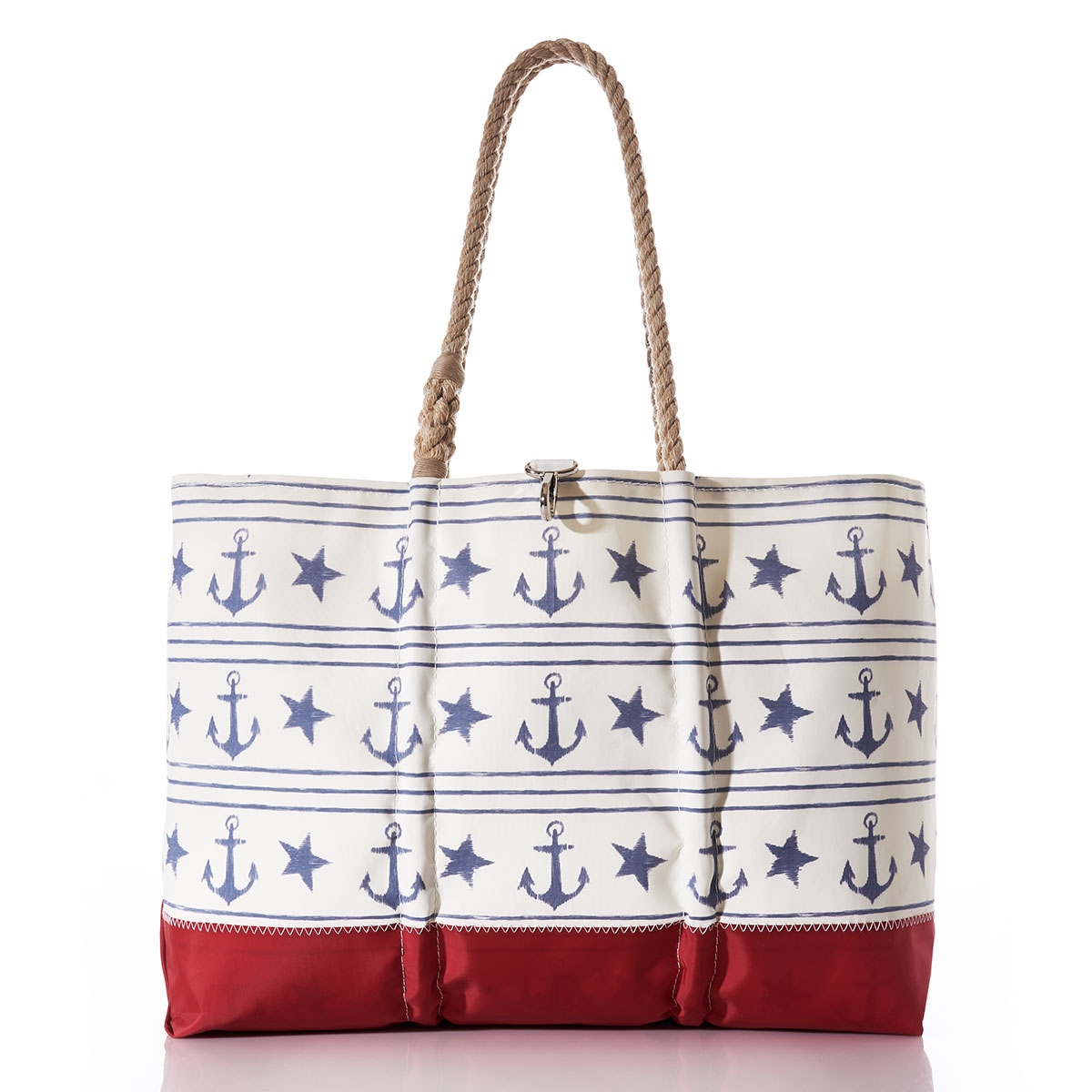 blue anchors stars and stripes line this recycled sail cloth tote with a red bottom and hemp rope handles