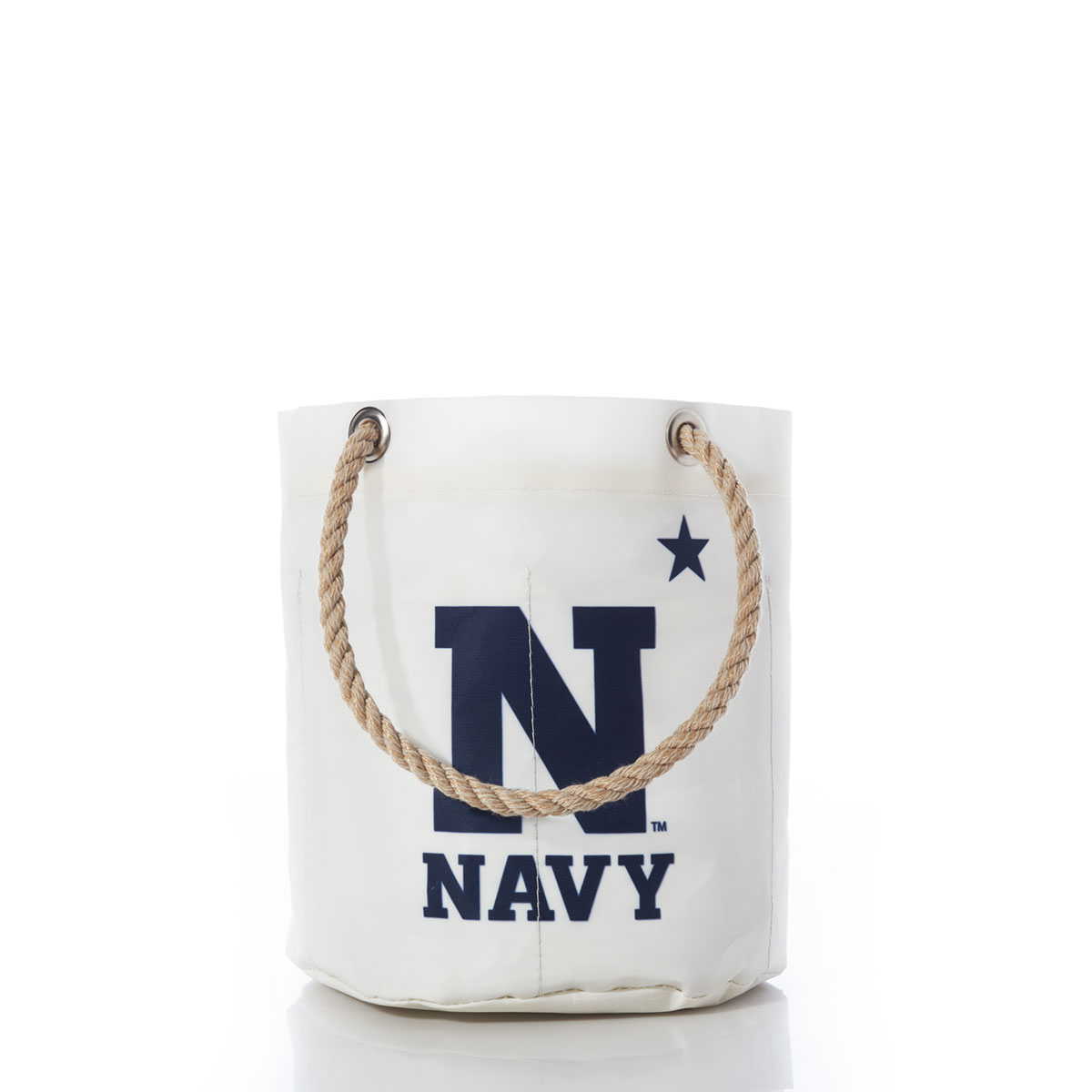 a white recycled sail cloth bucket bag with hemp rope handles is printed with the Naval Academy logo in navy