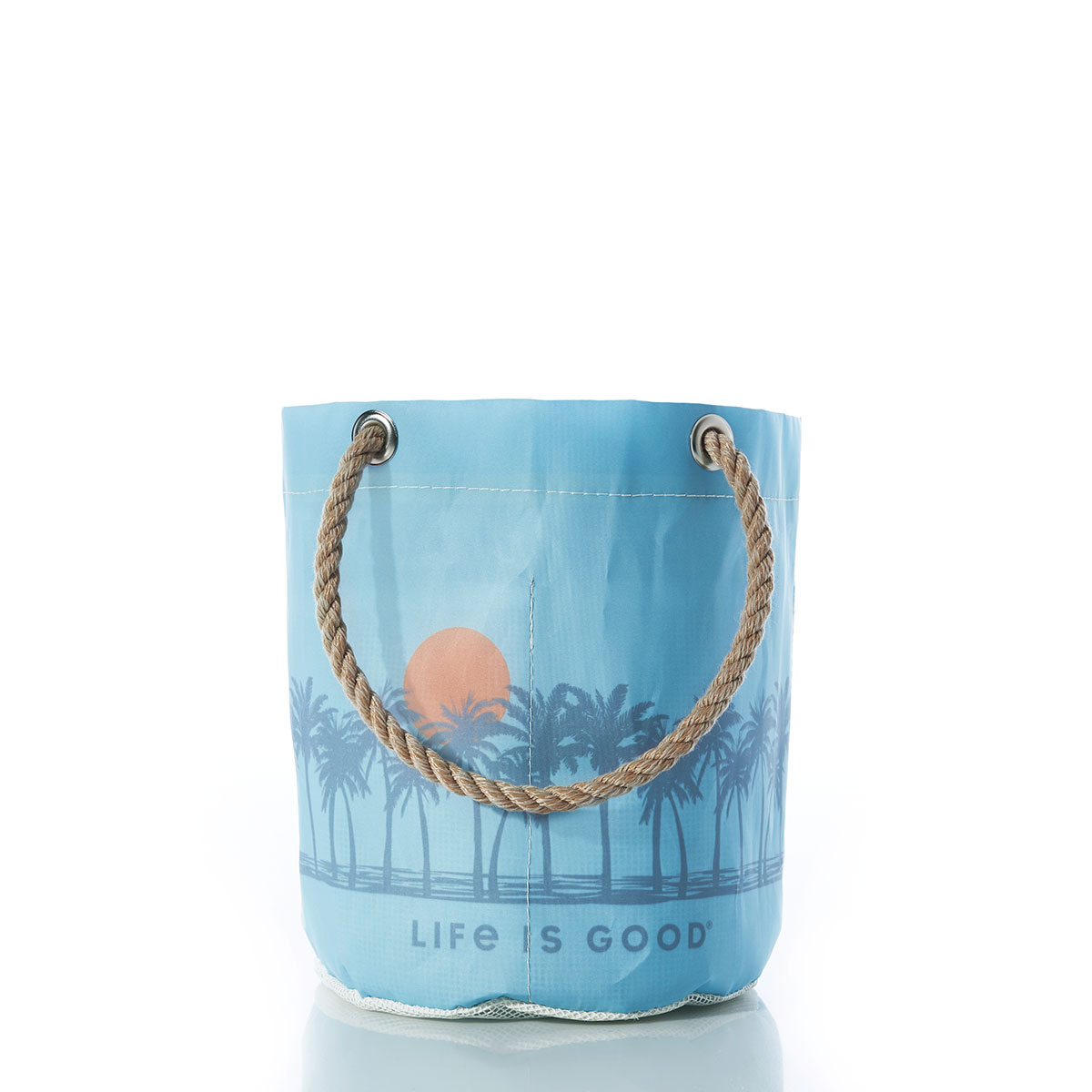 a row of palm trees in front of a rising sun printed on a blue recycled sail cloth beverage bucket with hemp rope handles