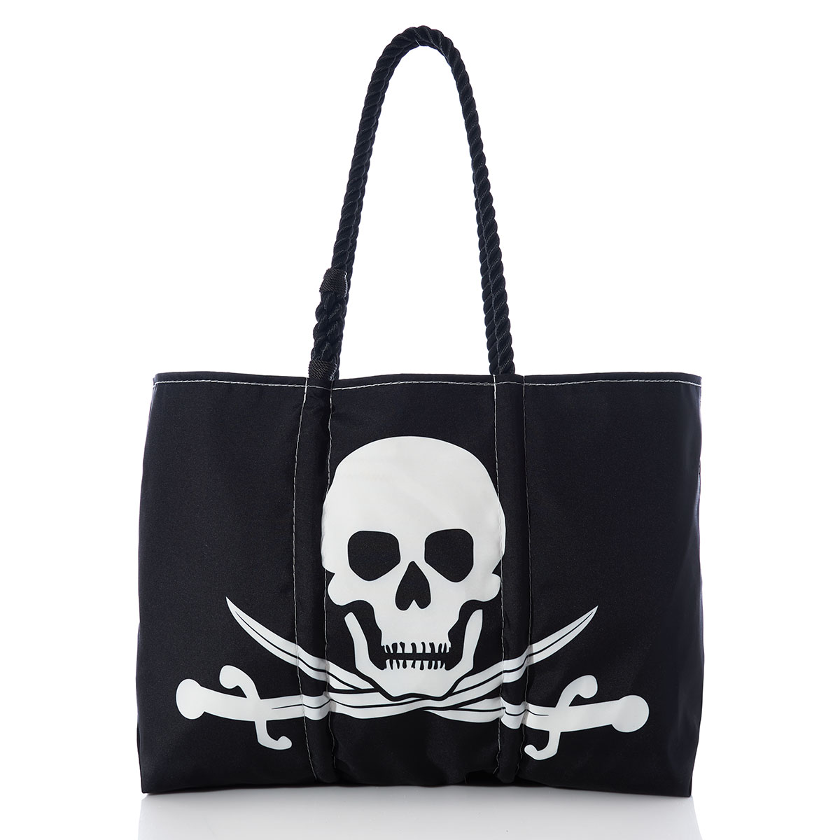 white skull over crossed white swords on front of black recycled sail cloth tote and black rope handles